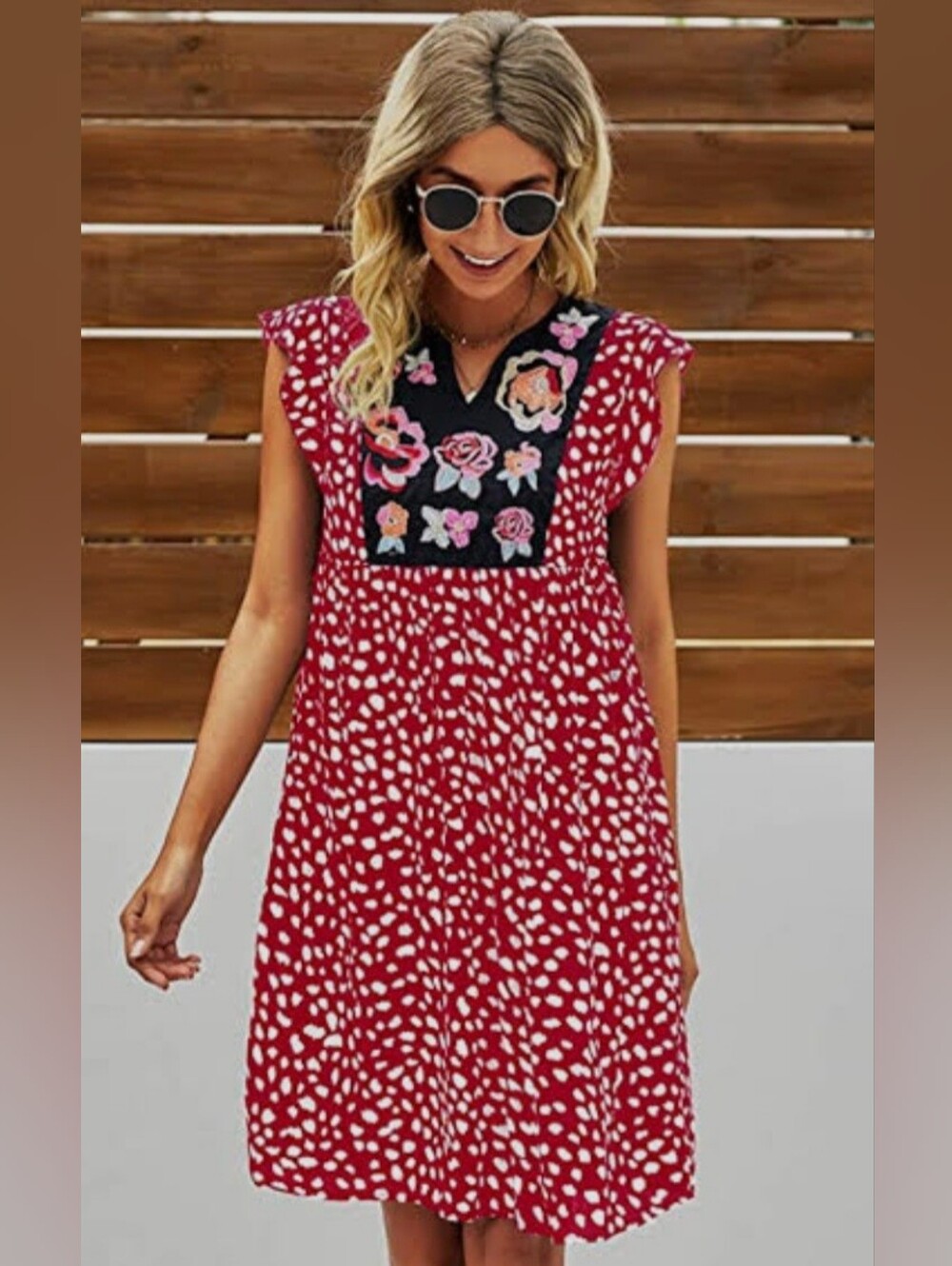 Kirundo Lepord Print Floral Embroidery Neckline BabyDoll/Mini Dress